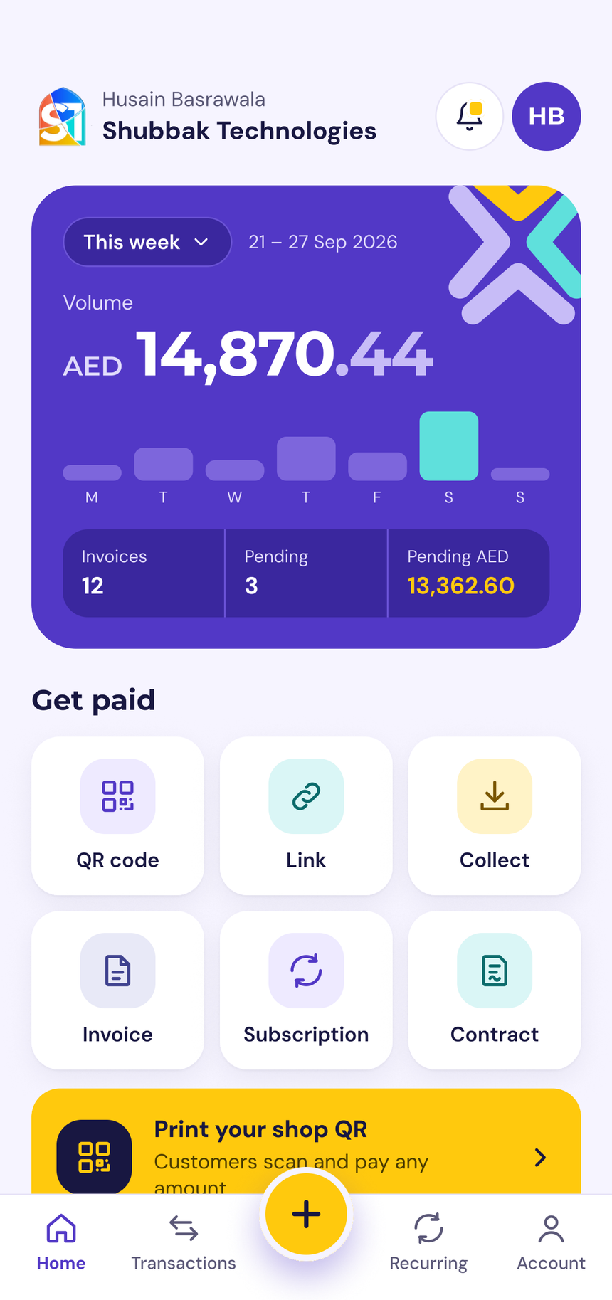 Maxcommerce Pay app dashboard showing weekly payment volume and the ways to get paid