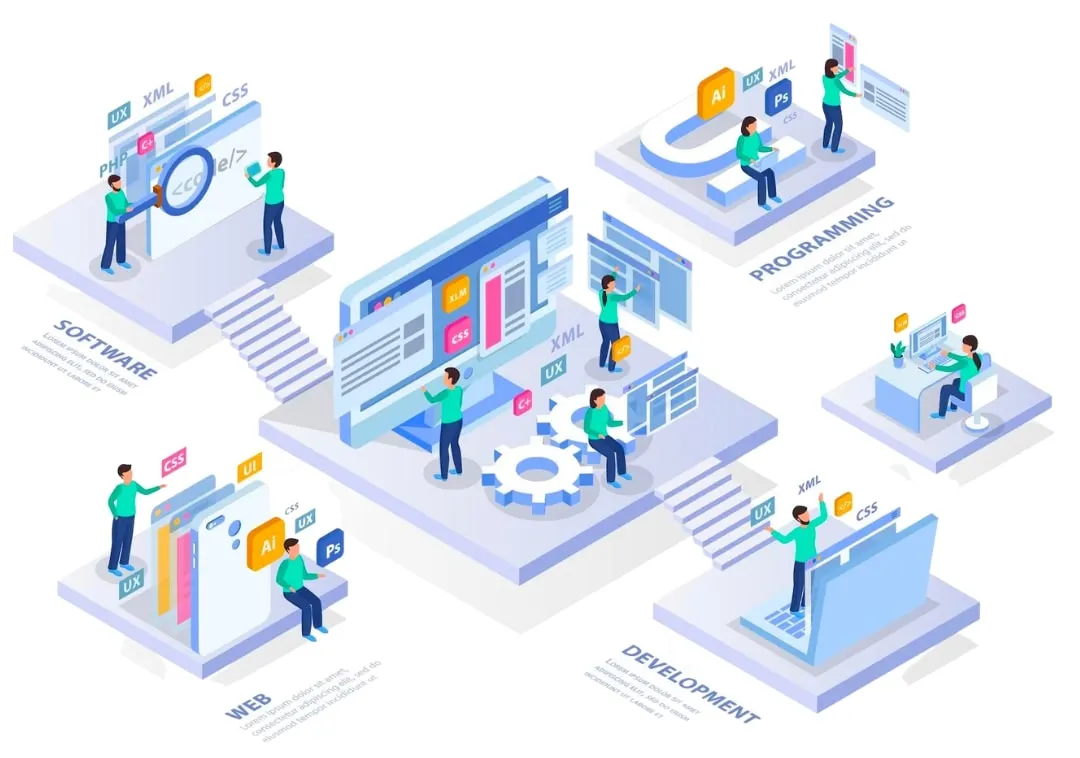 Illustration of a software team designing, building and shipping products